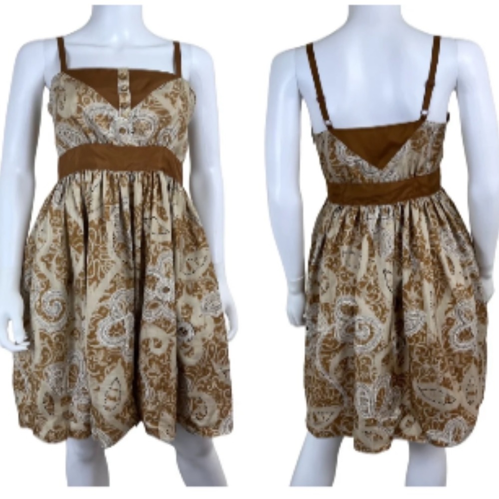 Anna Sui 100% Silk‎ Women Sz 4 Tan Paisley A Line Side Zip Shoulder Strap Dress